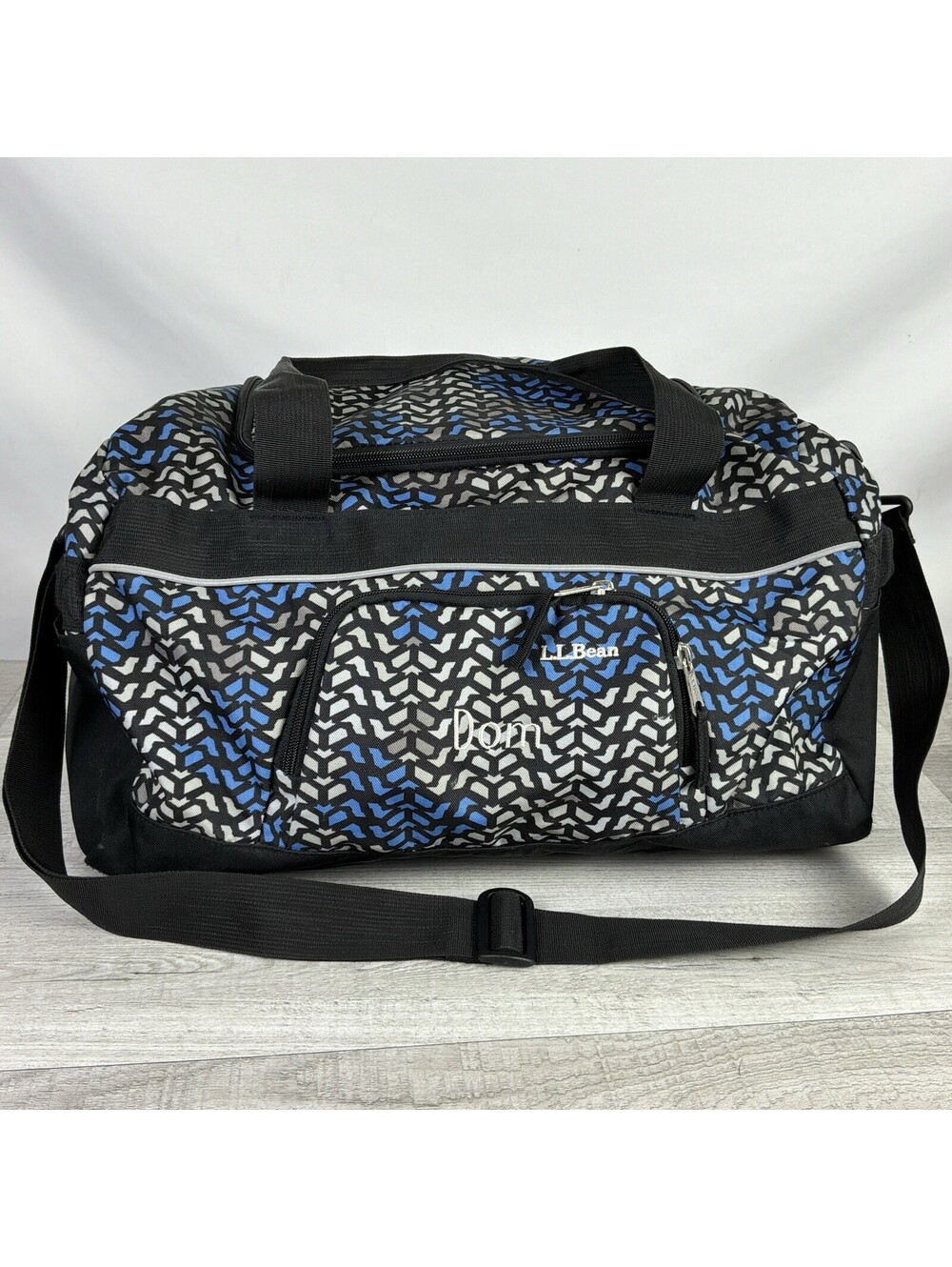 L.L. Bean Duffel Bag Geometric Print Blue Black White Personalized “Dom” Used